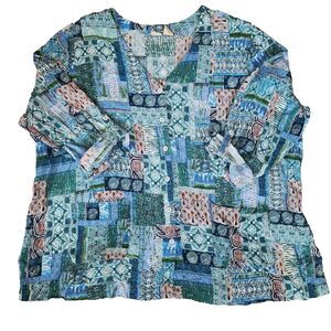 Islander‎ Woman Blouse Top Tropical Colors Patchwork Print sz 3XL Button Up Blue